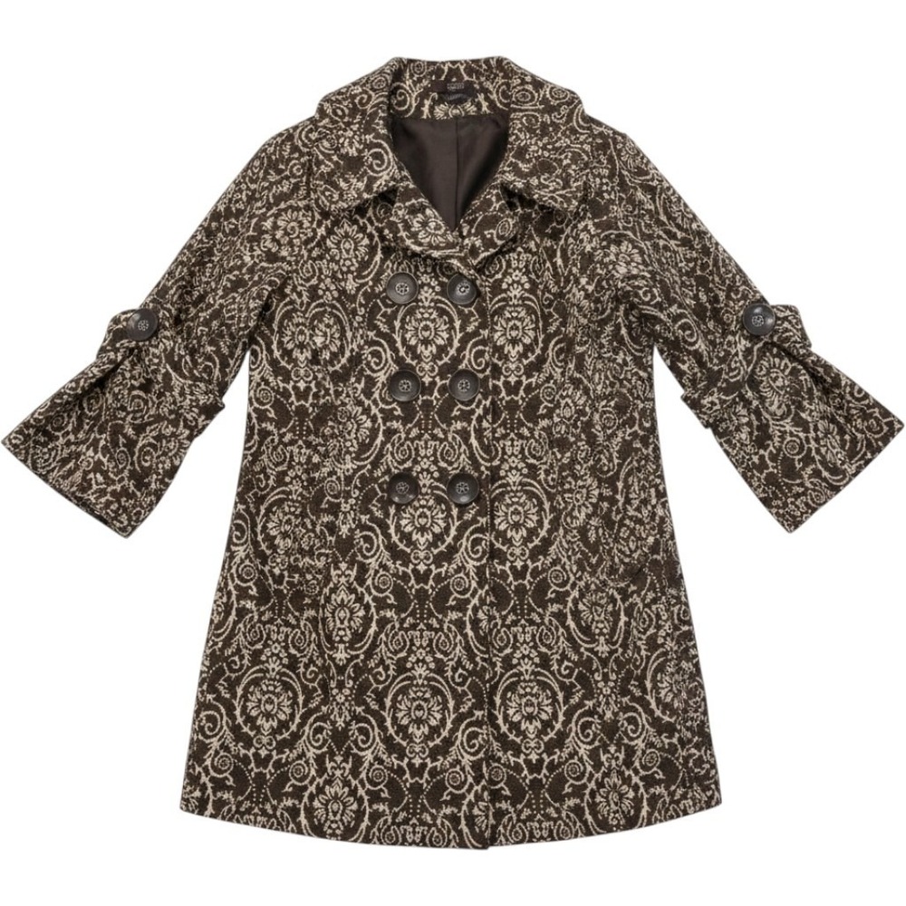 Luii Brown Damask Tapestry Wool Blend Swing Coat Double Breasted Womens Large